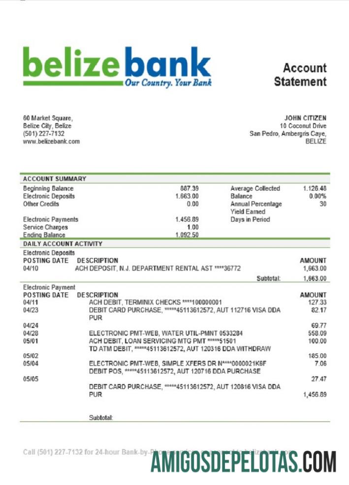 Belize Belizebank modelo de extrato bancário